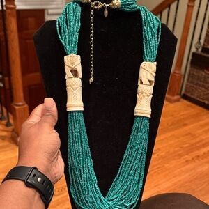 Chico’s Bluish Green Seed Beaded Necklace with Carved Elephant Accents
